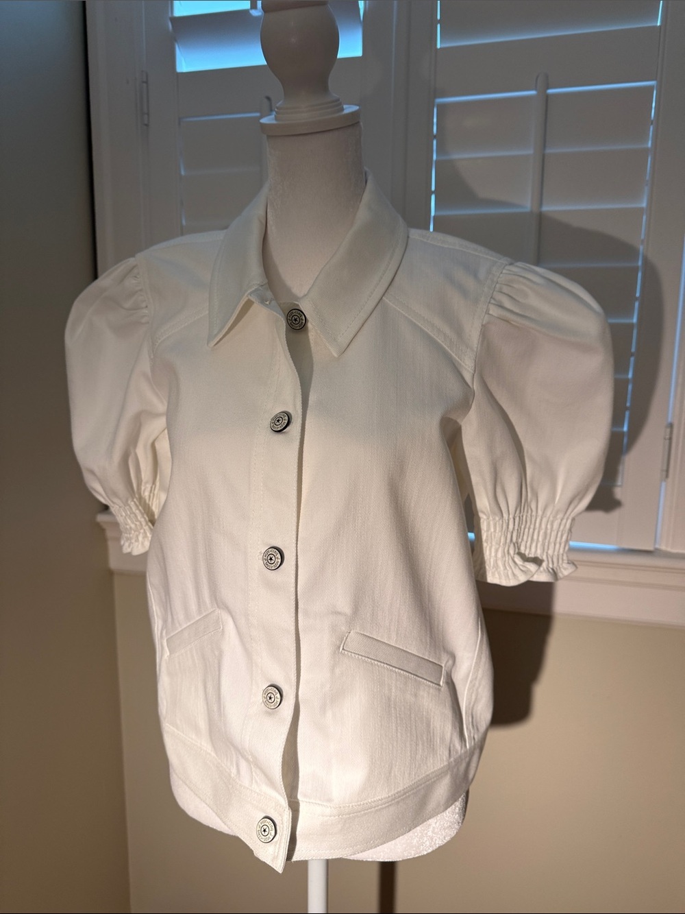 Cinq a Sept Puff Sleeve White Button-Up Denim Jacket